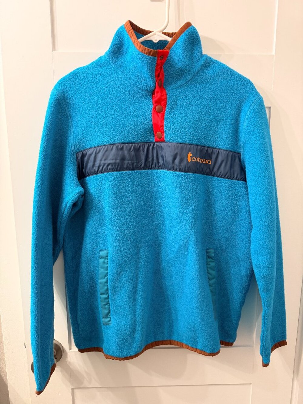 Cotopaxi Teca Fleece Teal Quarter Snap Brown Trim Kangaroo Pocket Fleece Sz M